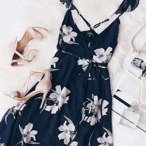 Lulus All Mine Navy Blue Floral Print High-Low Wrap Dress